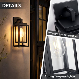 English Elm 14 Inch Outdoor Satin Black Rectangular Cage Wall Sconces Tempered Glass Porch Set of Two W2312P537614
