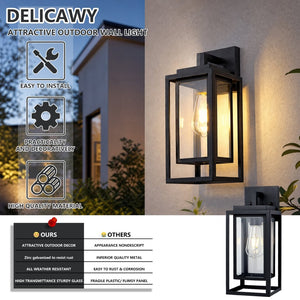 English Elm 14 Inch Outdoor Satin Black Rectangular Cage Wall Sconces Tempered Glass Porch Set of Two W2312P537614