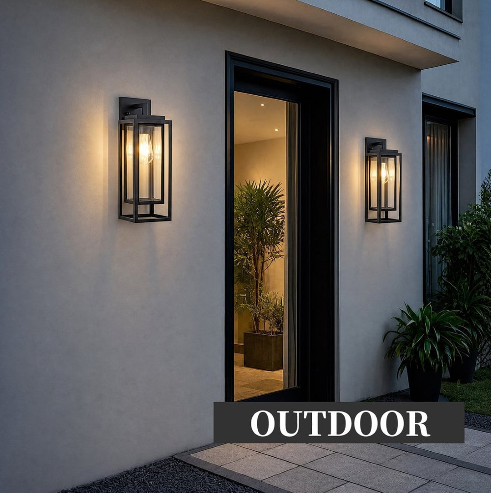 English Elm 18 Inch Outdoor Satin Black Rectangular Cage Wall Sconces Tempered Glass Porch Lanterns 2 Pack W2312P537644