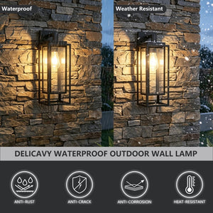 English Elm 18 Inch Outdoor Satin Black Rectangular Cage Wall Sconces Tempered Glass Porch Lanterns 2 Pack W2312P537644