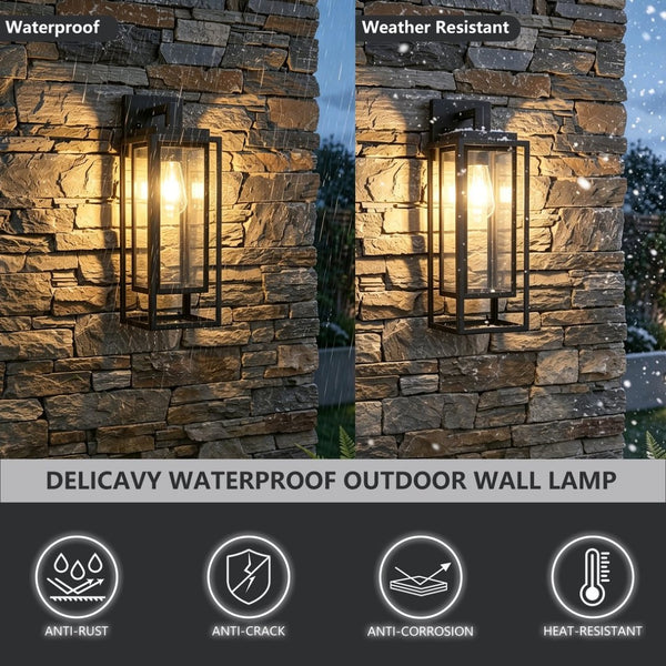 English Elm 18 Inch Outdoor Satin Black Rectangular Cage Wall Sconces Tempered Glass Porch Lanterns 2 Pack W2312P537644