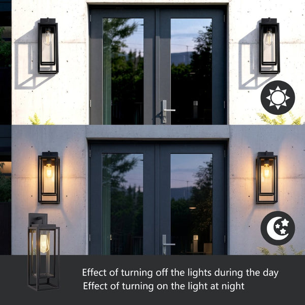 English Elm 18 Inch Outdoor Satin Black Rectangular Cage Wall Sconces Tempered Glass Porch Lanterns 2 Pack W2312P537644