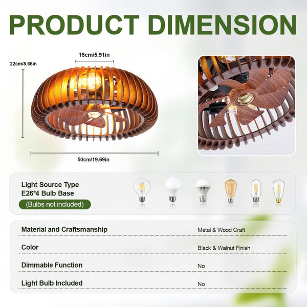 English Elm 20 Inch Caged Flush Mount Ceiling Fan with Wood Blades and Remote for Small Rooms W2312P539246