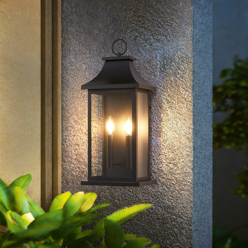 English Elm Dusk to Dawn Matte Black Two Light Exterior Sconce with Clear Glass Porch Lantern W2312P539557