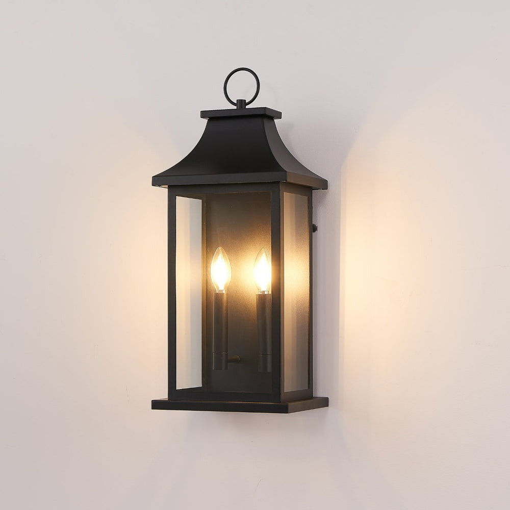 English Elm Dusk to Dawn Matte Black Two Light Exterior Sconce with Clear Glass Porch Lantern W2312P539557