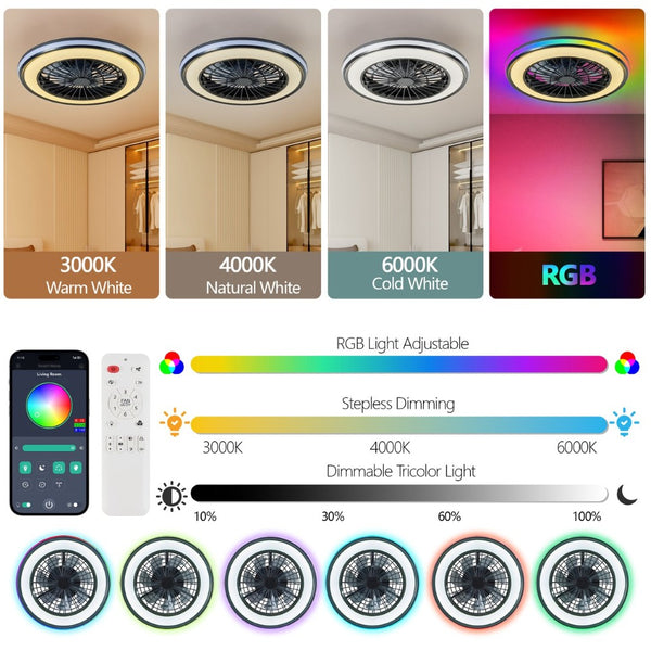 English Elm Modern RGB LED Flush Mount Ceiling Fan Dimmable Light for Living Room or Bedroom W2312P539648