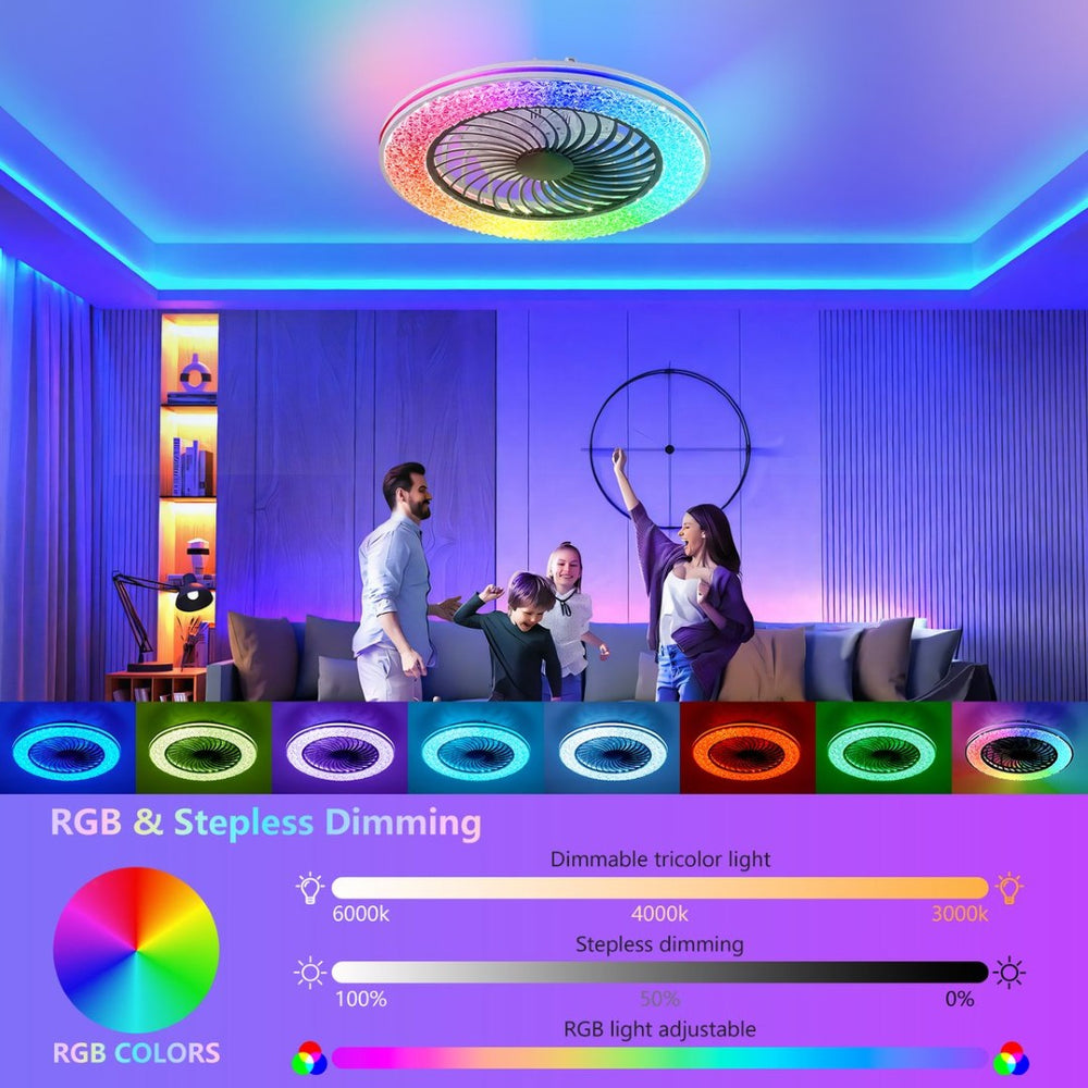 English Elm 23 Inch Bladeless Flush Mount Ceiling Fan with Rgb Lighting for Modern Living Spaces W2312P540914