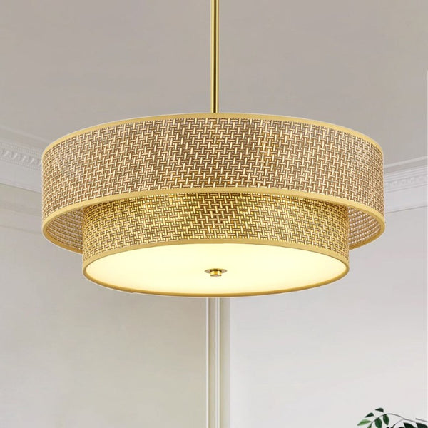 English Elm 17.7 Inch Rattan Linen Drum Semi Flush Mount Boho Brass Ceiling Light for Dining Rooms W2312P541286