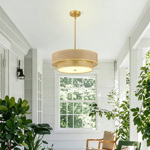English Elm 17.7 Inch Rattan Linen Drum Semi Flush Mount Boho Brass Ceiling Light for Dining Rooms W2312P541286
