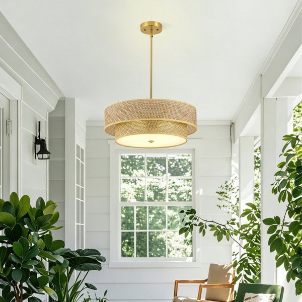 English Elm 17.7 Inch Rattan Linen Drum Semi Flush Mount Boho Brass Ceiling Light for Dining Rooms W2312P541286