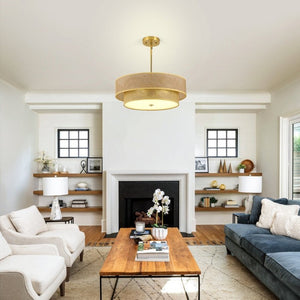 English Elm 17.7 Inch Rattan Linen Drum Semi Flush Mount Boho Brass Ceiling Light for Dining Rooms W2312P541286