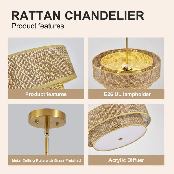 English Elm 17.7 Inch Rattan Linen Drum Semi Flush Mount Boho Brass Ceiling Light for Dining Rooms W2312P541286