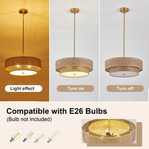 English Elm 17.7 Inch Rattan Linen Drum Semi Flush Mount Boho Brass Ceiling Light for Dining Rooms W2312P541286
