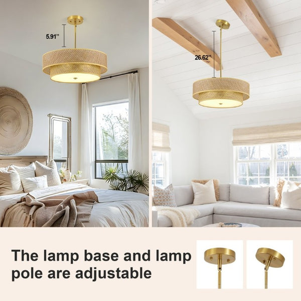 English Elm 17.7 Inch Rattan Linen Drum Semi Flush Mount Boho Brass Ceiling Light for Dining Rooms W2312P541286