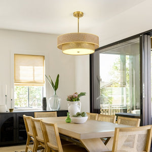 English Elm 17.7 Inch Rattan Linen Drum Semi Flush Mount Boho Brass Ceiling Light for Dining Rooms W2312P541286