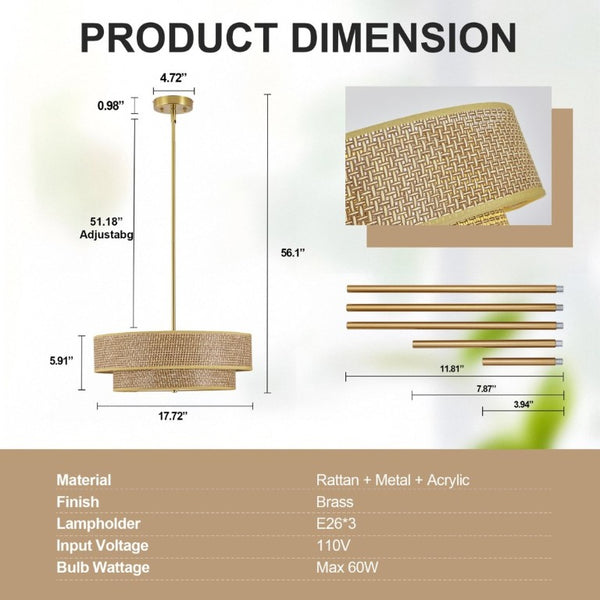 English Elm 17.7 Inch Rattan Linen Drum Semi Flush Mount Boho Brass Ceiling Light for Dining Rooms W2312P541286