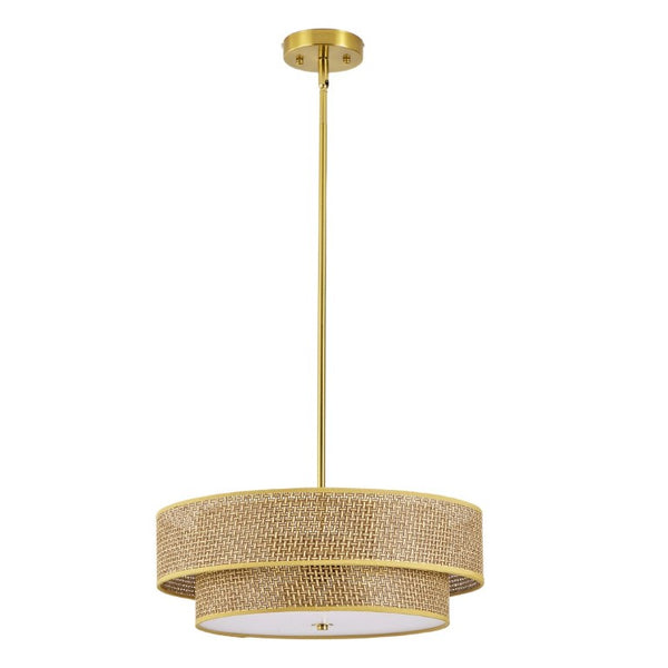 English Elm 17.7 Inch Rattan Linen Drum Semi Flush Mount Boho Brass Ceiling Light for Dining Rooms W2312P541286