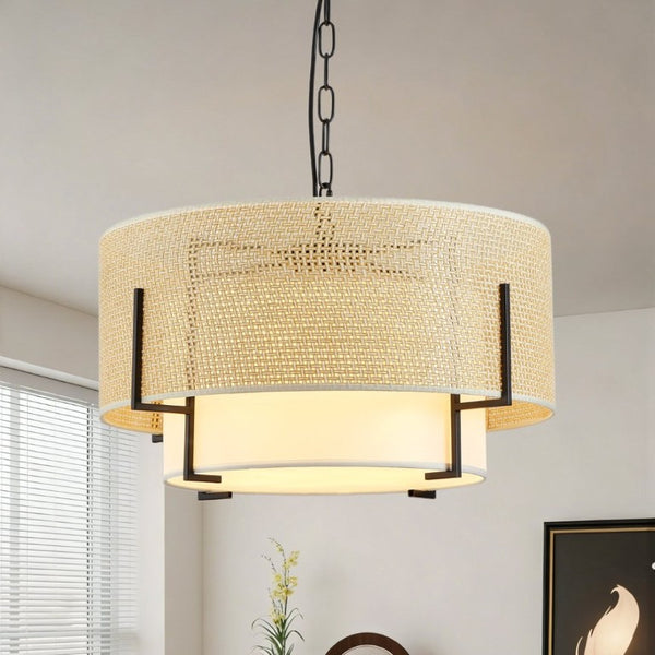English Elm 19.7 Inch Hand Woven Rattan Drum Chandelier Four Light Bohemian Farmhouse Pendant W2312P541385
