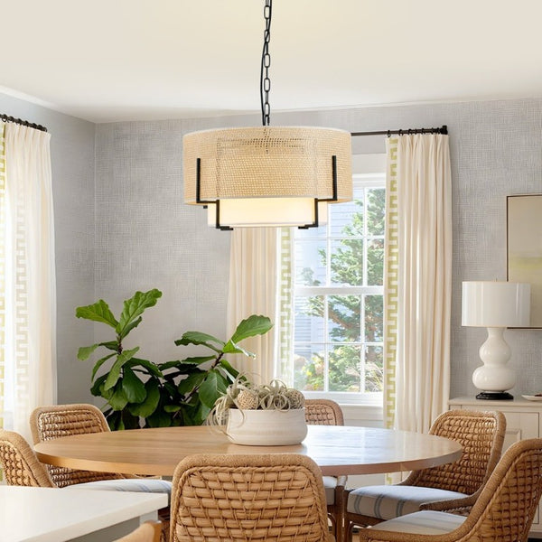 English Elm 19.7 Inch Hand Woven Rattan Drum Chandelier Four Light Bohemian Farmhouse Pendant W2312P541385