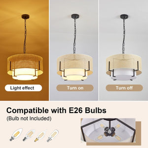 English Elm 19.7 Inch Hand Woven Rattan Drum Chandelier Four Light Bohemian Farmhouse Pendant W2312P541385