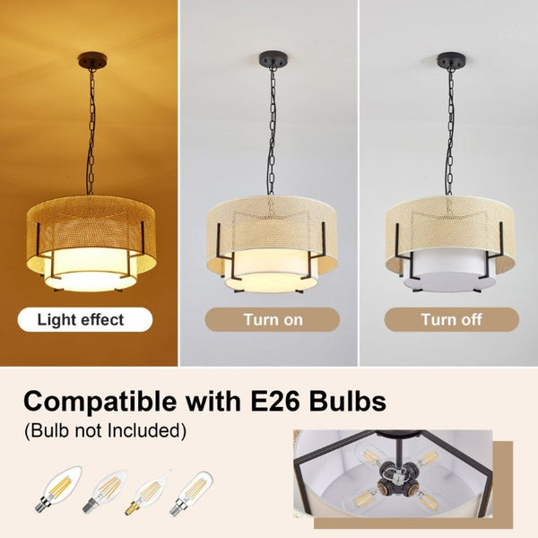 English Elm 19.7 Inch Hand Woven Rattan Drum Chandelier Four Light Bohemian Farmhouse Pendant W2312P541385