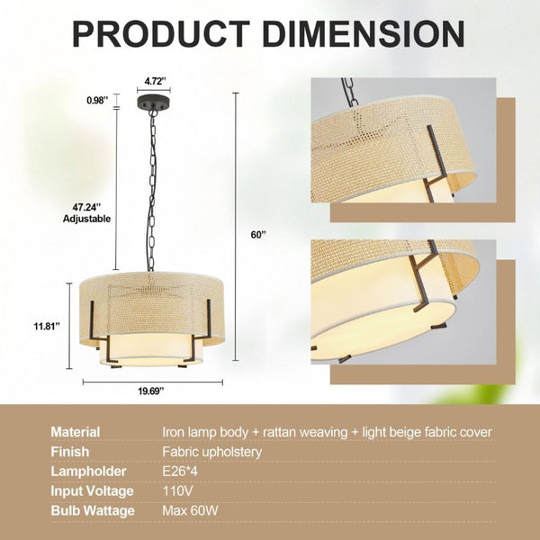 English Elm 19.7 Inch Hand Woven Rattan Drum Chandelier Four Light Bohemian Farmhouse Pendant W2312P541385