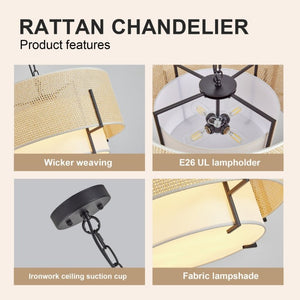 English Elm 19.7 Inch Hand Woven Rattan Drum Chandelier Four Light Bohemian Farmhouse Pendant W2312P541385