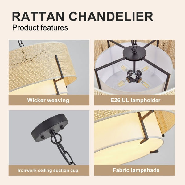 English Elm 19.7 Inch Hand Woven Rattan Drum Chandelier Four Light Bohemian Farmhouse Pendant W2312P541385