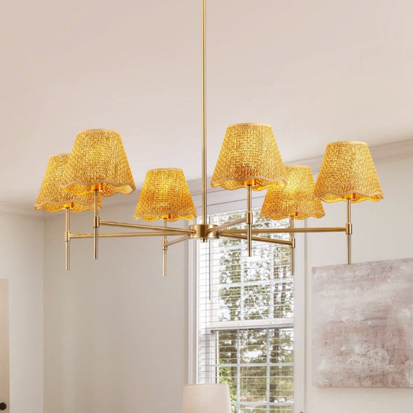English Elm Boho Hand Woven Rattan Six Light Chandelier Brass Finish for Dining and Kitchen Island W2312P541521