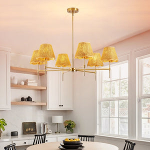 English Elm Boho Hand Woven Rattan Six Light Chandelier Brass Finish for Dining and Kitchen Island W2312P541521