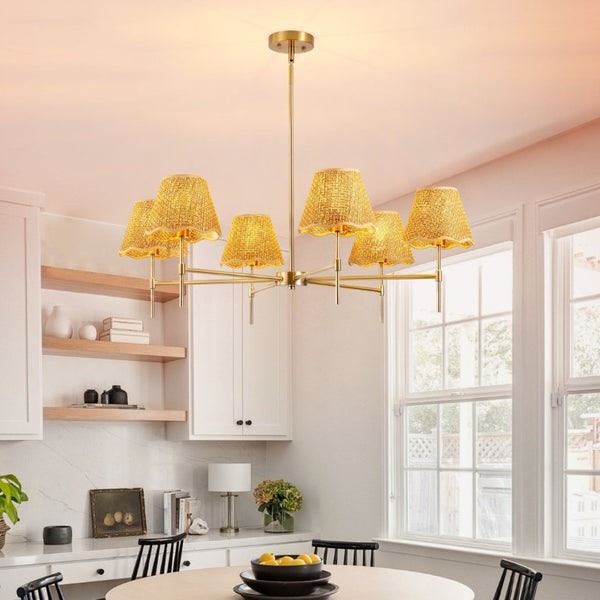English Elm Boho Hand Woven Rattan Six Light Chandelier Brass Finish for Dining and Kitchen Island W2312P541521