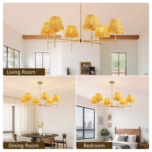 English Elm Boho Hand Woven Rattan Six Light Chandelier Brass Finish for Dining and Kitchen Island W2312P541521