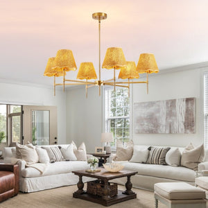 English Elm Boho Hand Woven Rattan Six Light Chandelier Brass Finish for Dining and Kitchen Island W2312P541521