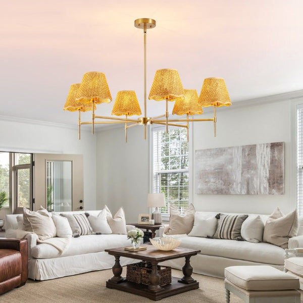 English Elm Boho Hand Woven Rattan Six Light Chandelier Brass Finish for Dining and Kitchen Island W2312P541521