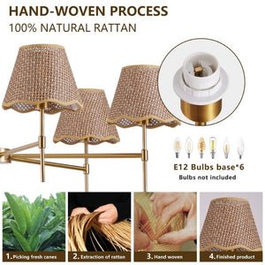 English Elm Boho Hand Woven Rattan Six Light Chandelier Brass Finish for Dining and Kitchen Island W2312P541521
