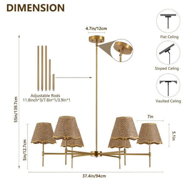 English Elm Boho Hand Woven Rattan Six Light Chandelier Brass Finish for Dining and Kitchen Island W2312P541521