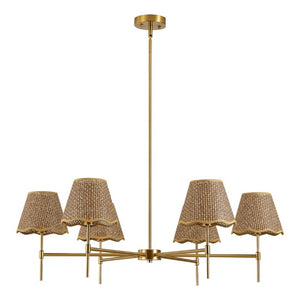 English Elm Boho Hand Woven Rattan Six Light Chandelier Brass Finish for Dining and Kitchen Island W2312P541521
