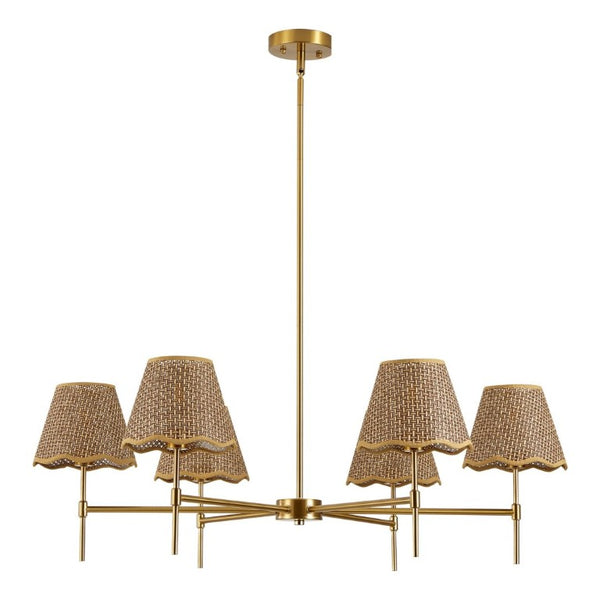 English Elm Boho Hand Woven Rattan Six Light Chandelier Brass Finish for Dining and Kitchen Island W2312P541521