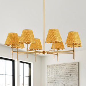 English Elm Gold Boho Chandelier Hand Woven Rattan Eight Arm Pendant for Dining and Living Spaces W2312P541549