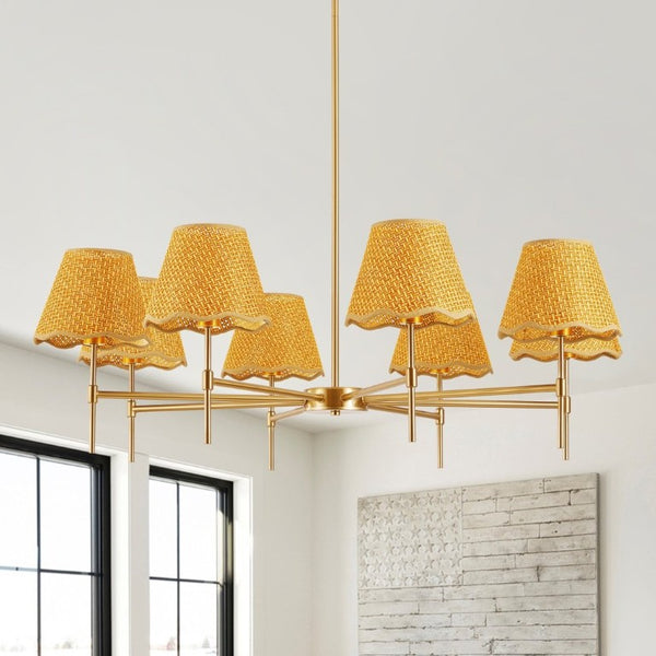 English Elm Gold Boho Chandelier Hand Woven Rattan Eight Arm Pendant for Dining and Living Spaces W2312P541549
