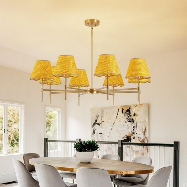 English Elm Gold Boho Chandelier Hand Woven Rattan Eight Arm Pendant for Dining and Living Spaces W2312P541549