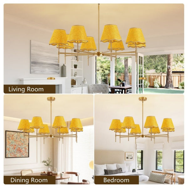English Elm Gold Boho Chandelier Hand Woven Rattan Eight Arm Pendant for Dining and Living Spaces W2312P541549