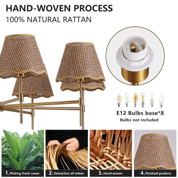 English Elm Gold Boho Chandelier Hand Woven Rattan Eight Arm Pendant for Dining and Living Spaces W2312P541549