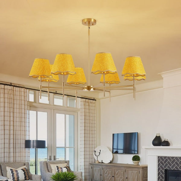 English Elm Gold Boho Chandelier Hand Woven Rattan Eight Arm Pendant for Dining and Living Spaces W2312P541549