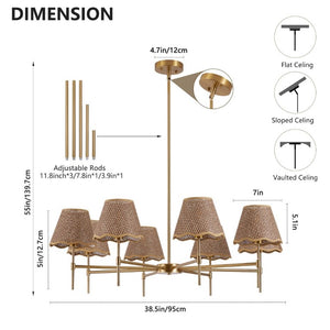 English Elm Gold Boho Chandelier Hand Woven Rattan Eight Arm Pendant for Dining and Living Spaces W2312P541549