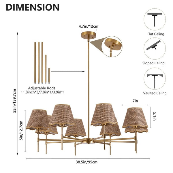 English Elm Gold Boho Chandelier Hand Woven Rattan Eight Arm Pendant for Dining and Living Spaces W2312P541549