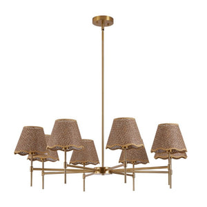 English Elm Gold Boho Chandelier Hand Woven Rattan Eight Arm Pendant for Dining and Living Spaces W2312P541549