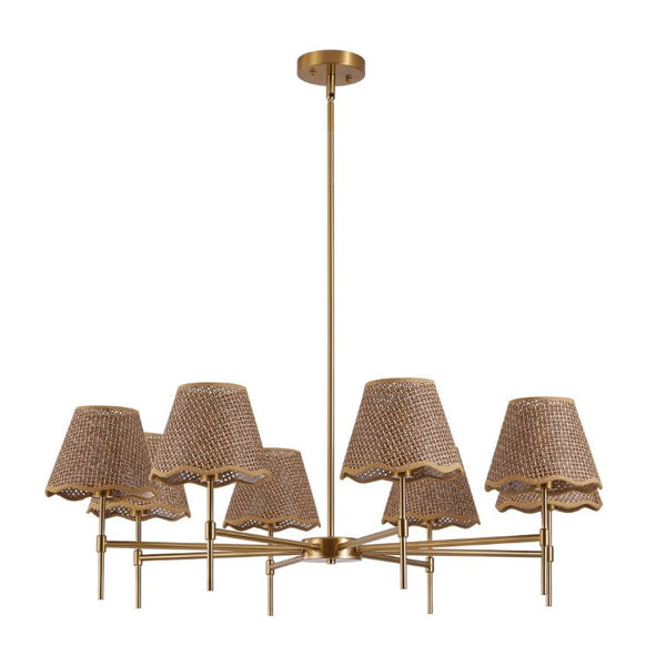 English Elm Gold Boho Chandelier Hand Woven Rattan Eight Arm Pendant for Dining and Living Spaces W2312P541549