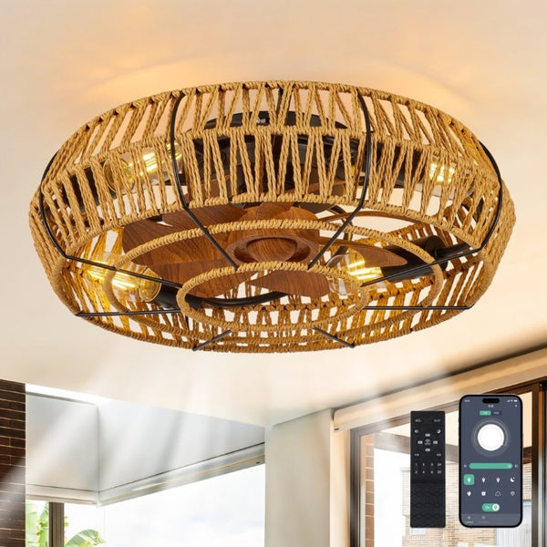 English Elm 19 Inch Boho Flush Mount Ceiling Fan Twine Cage Frame with Remote Six Speed Reversible W2312P542778