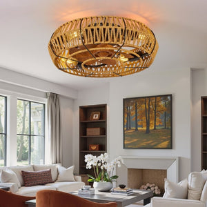 English Elm 19 Inch Boho Flush Mount Ceiling Fan Twine Cage Frame with Remote Six Speed Reversible W2312P542778